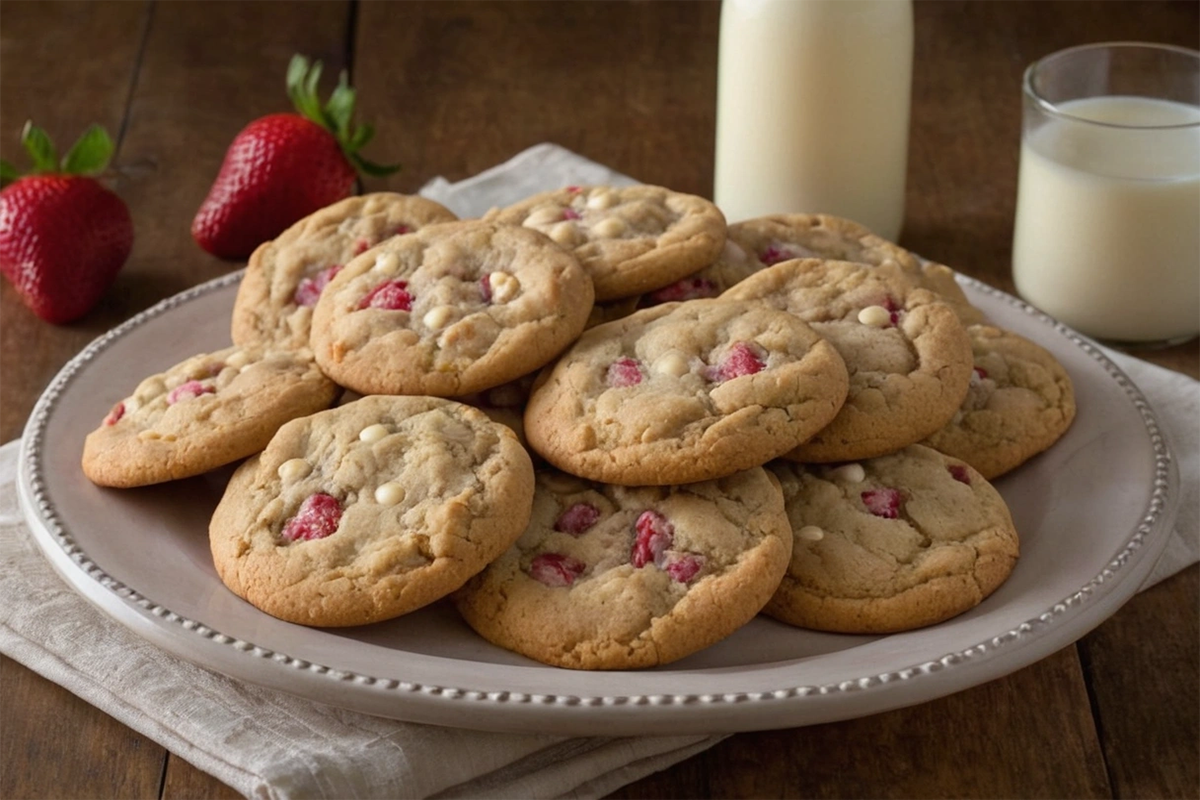 Homemade strawberry cake mix cookies with white chocolate chips