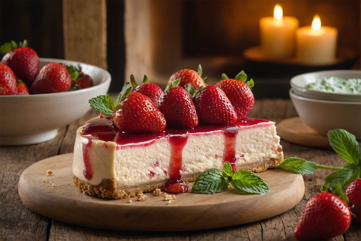 Slice of strawberry crunch cheesecake with fresh strawberry topping