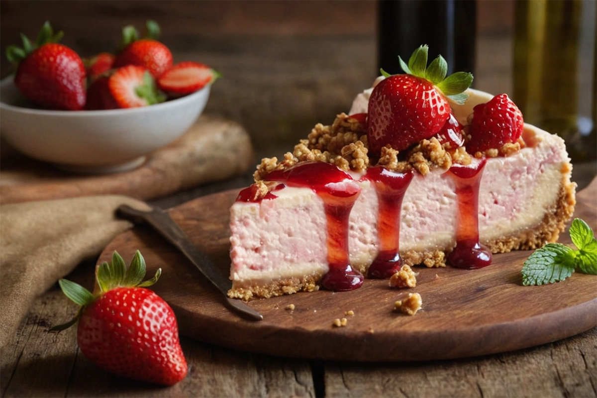 Slice of strawberry crunch cheesecake with fresh strawberry topping