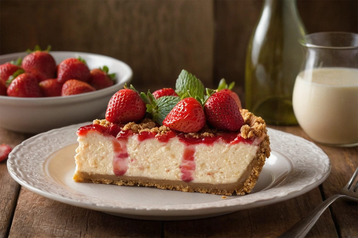 Slice of strawberry crunch cheesecake with fresh strawberry topping