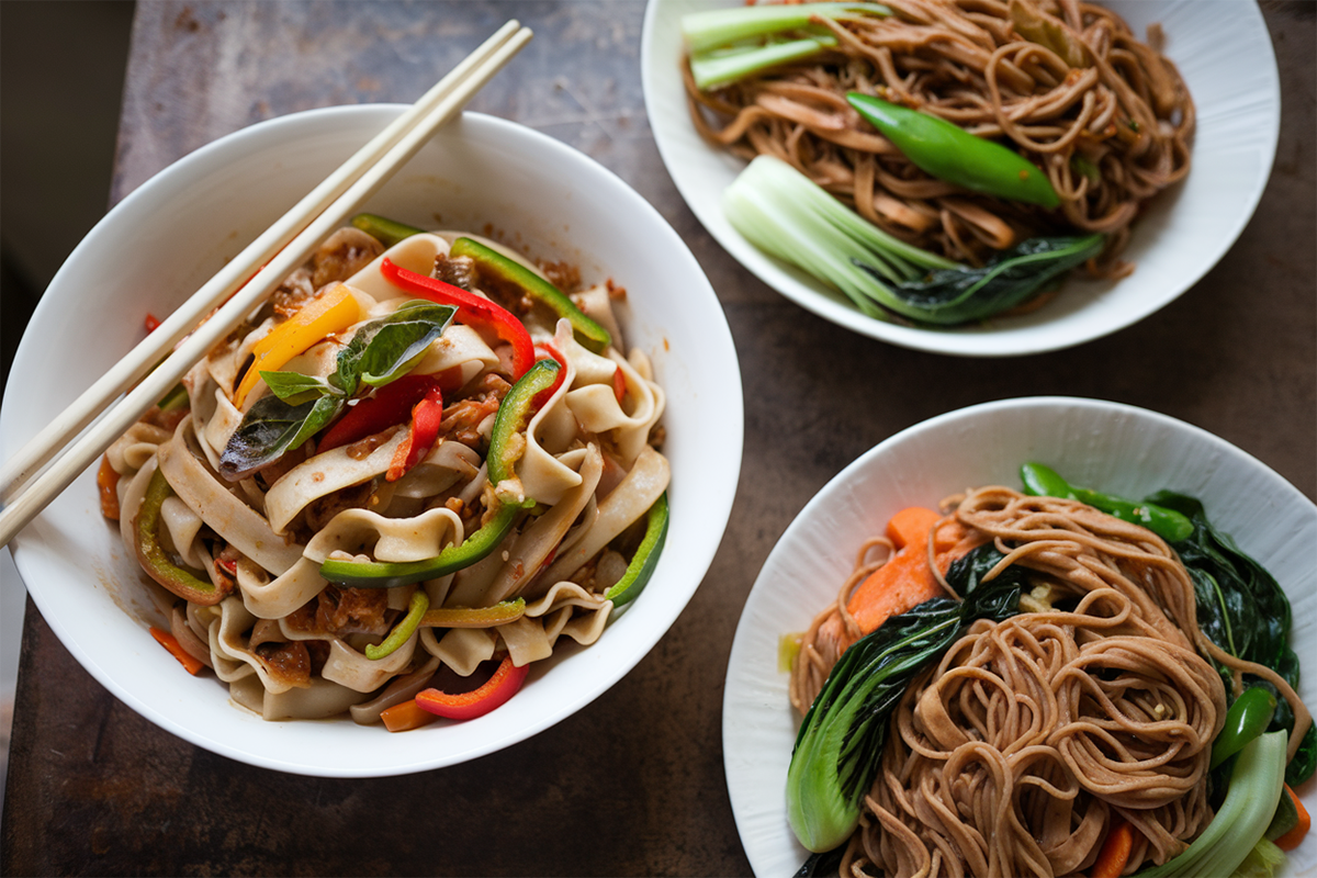 Short ALT for the Image:A close-up comparison of Drunken Noodles and Lo Mein.