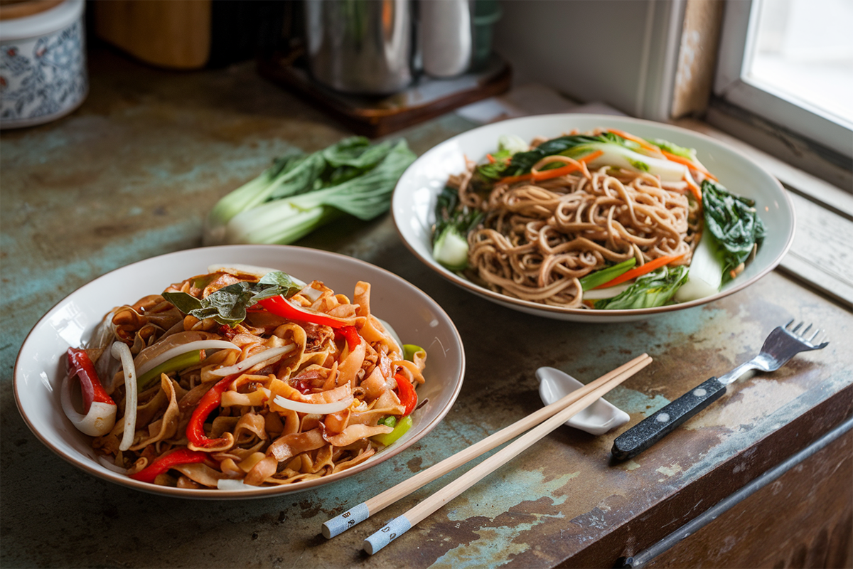 Short ALT for the Image:A close-up comparison of Drunken Noodles and Lo Mein.