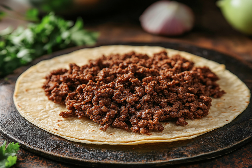 Raw beef spread on a tortilla in a skillet, ready to be cooked