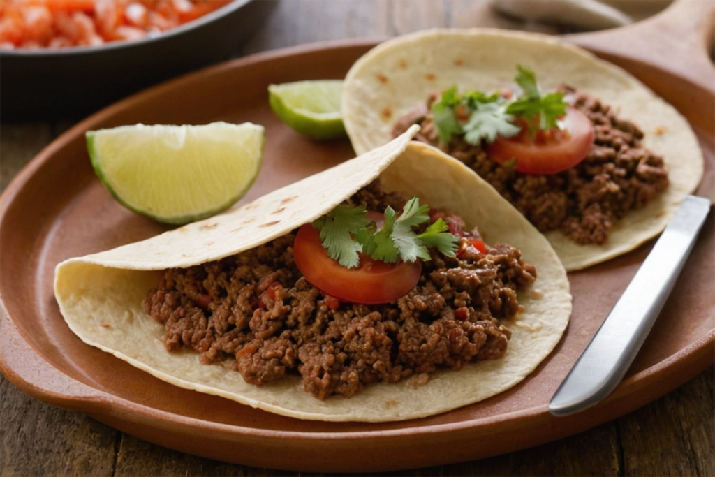 Cooking raw beef on a tortilla
