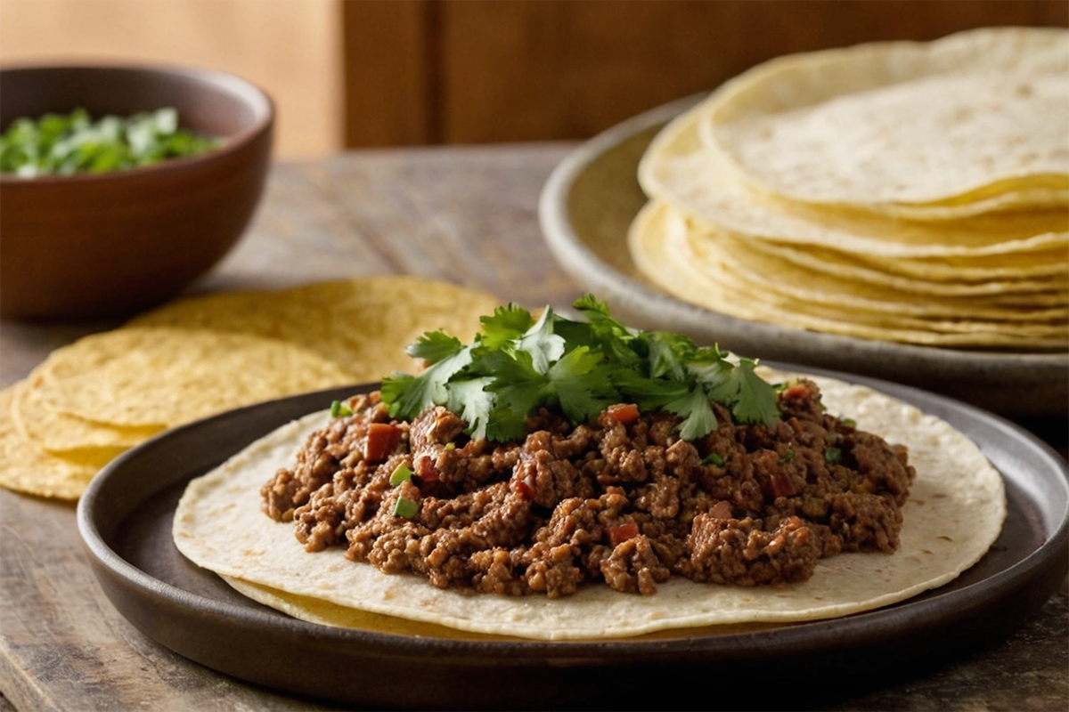 Raw beef spread on a tortilla in a skillet, ready to be cooked