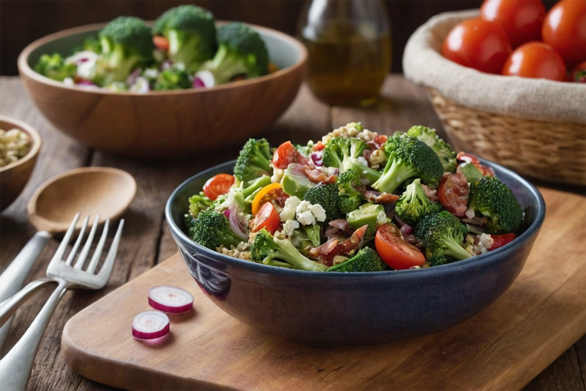 Raw broccoli salad with fresh vegetables in a bowl