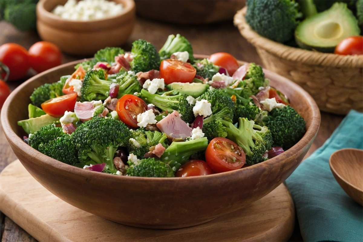 Raw broccoli salad with fresh vegetables in a bowl.