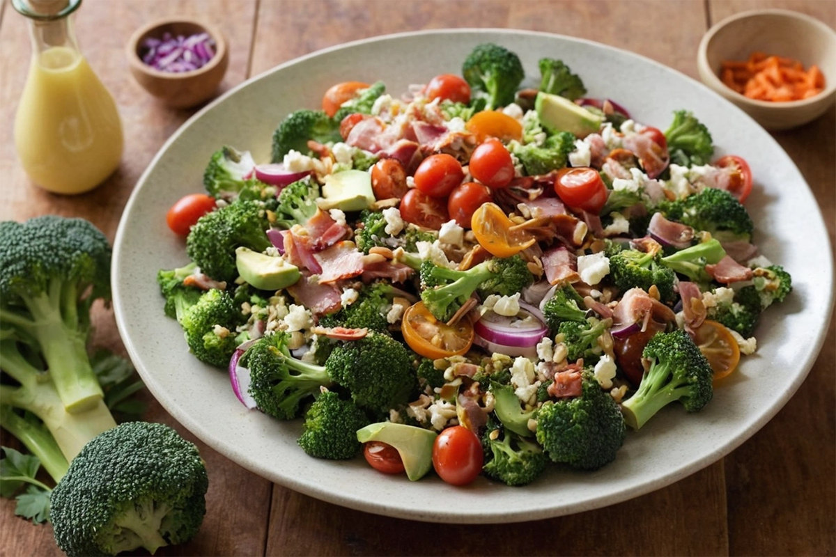 Raw broccoli salad with fresh vegetables in a bowl.