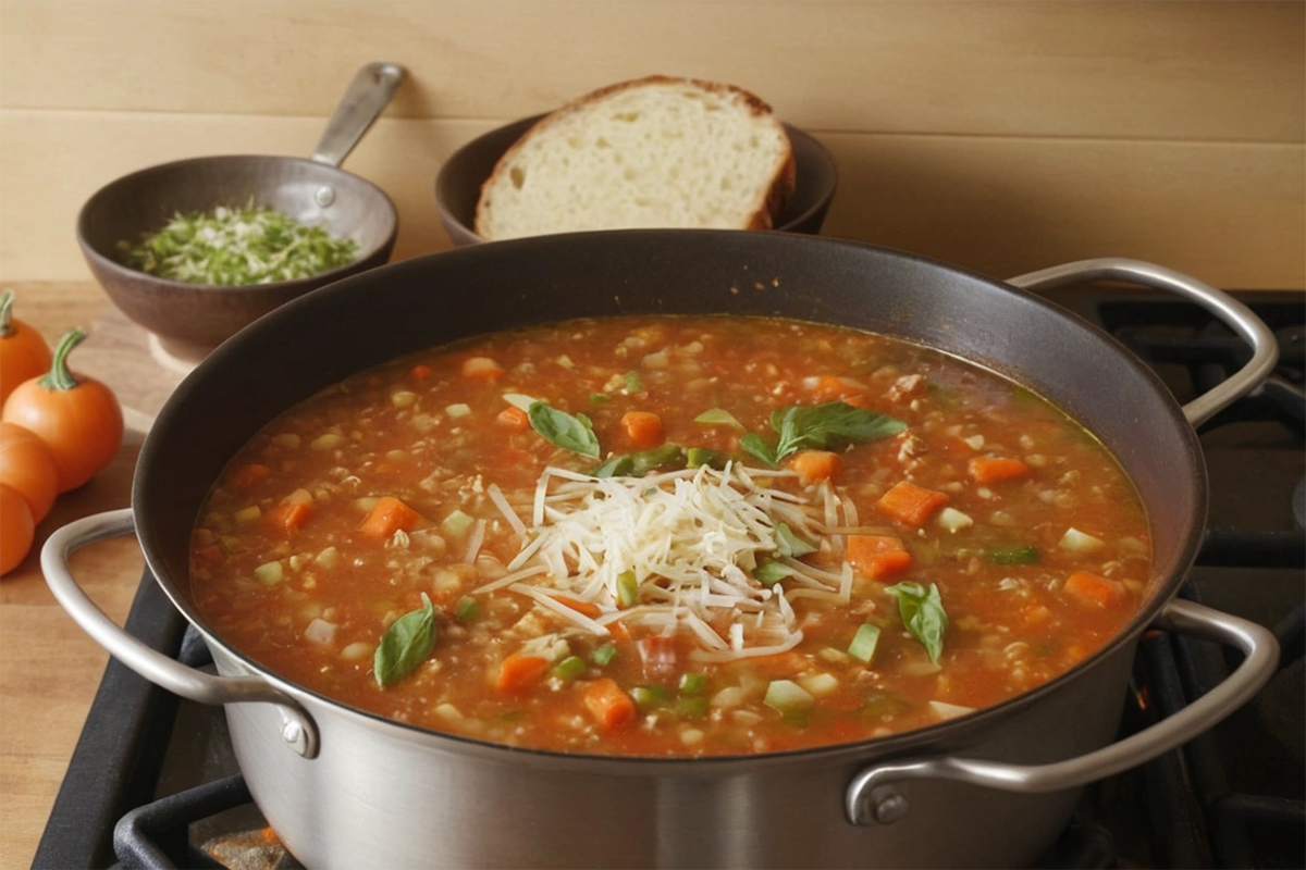 Parmesan cheese grated into a simmering pot of vegetable soup