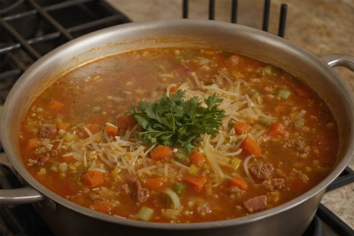 Parmesan cheese grated into a simmering pot of vegetable soup