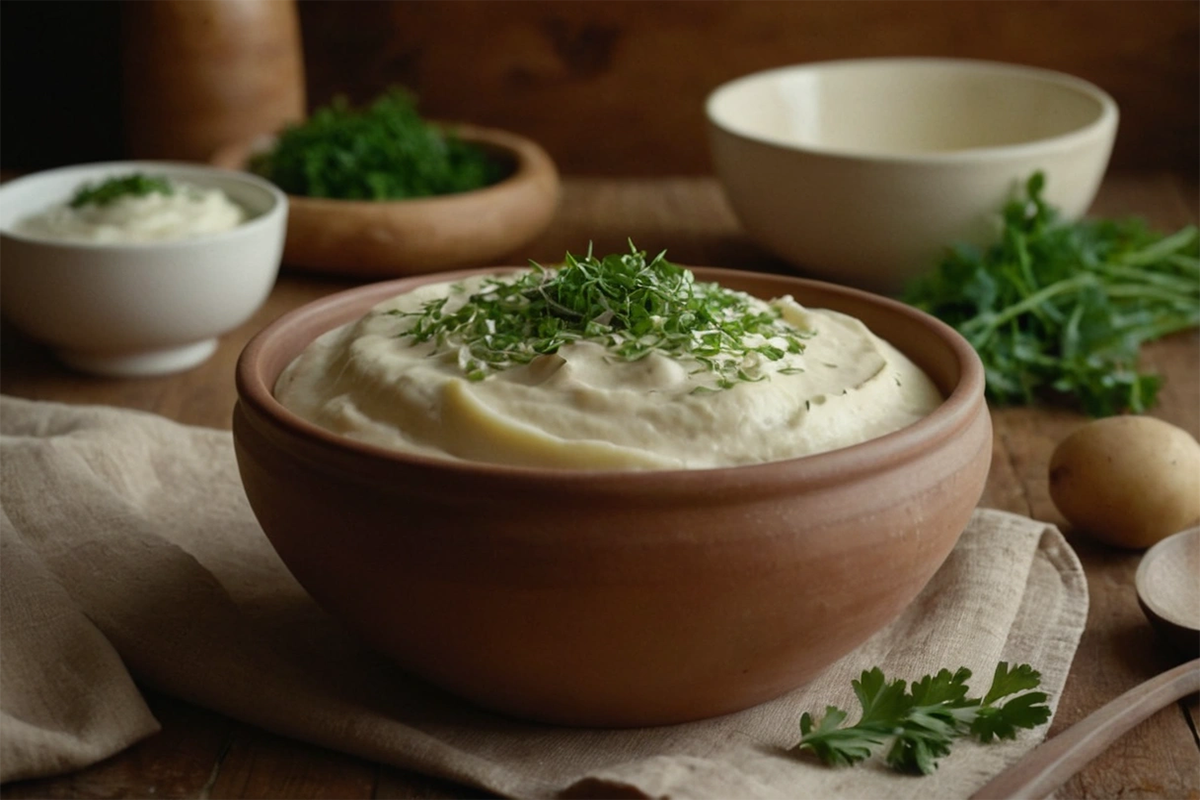 A bowl of creamy potato mud topped with fresh herbs.