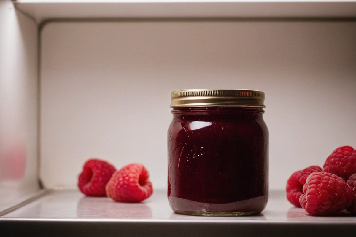 Jar of homemade raspberry jam stored in the fridge