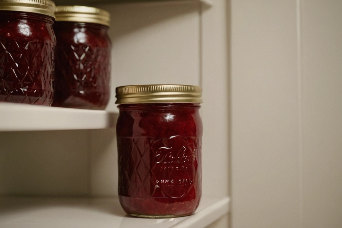 Jar of homemade raspberry jam stored in the fridge