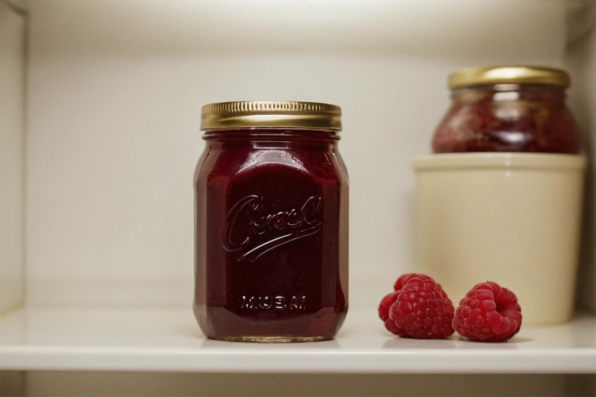 Jar of homemade raspberry jam stored in the fridge