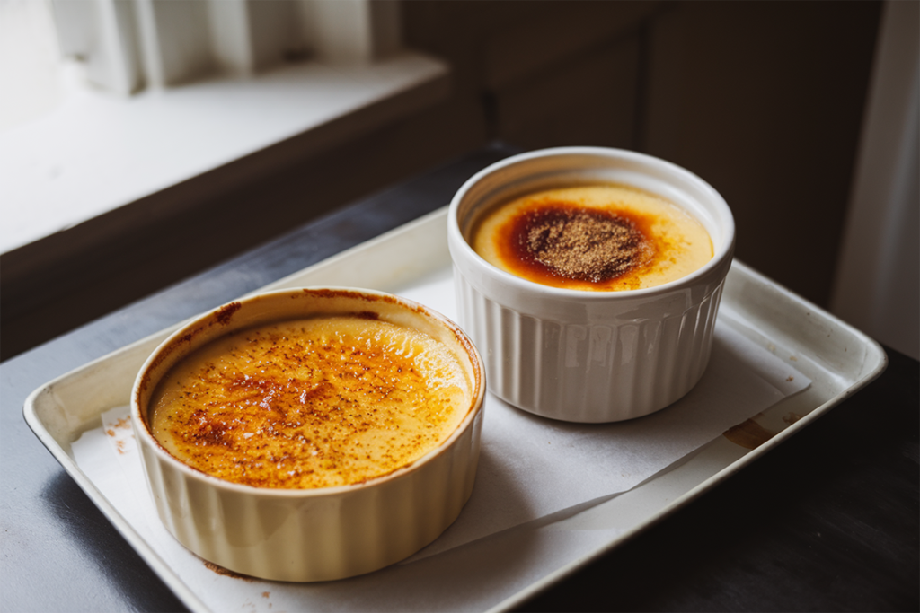 Close-up of baked custard and crème brûlée side by side