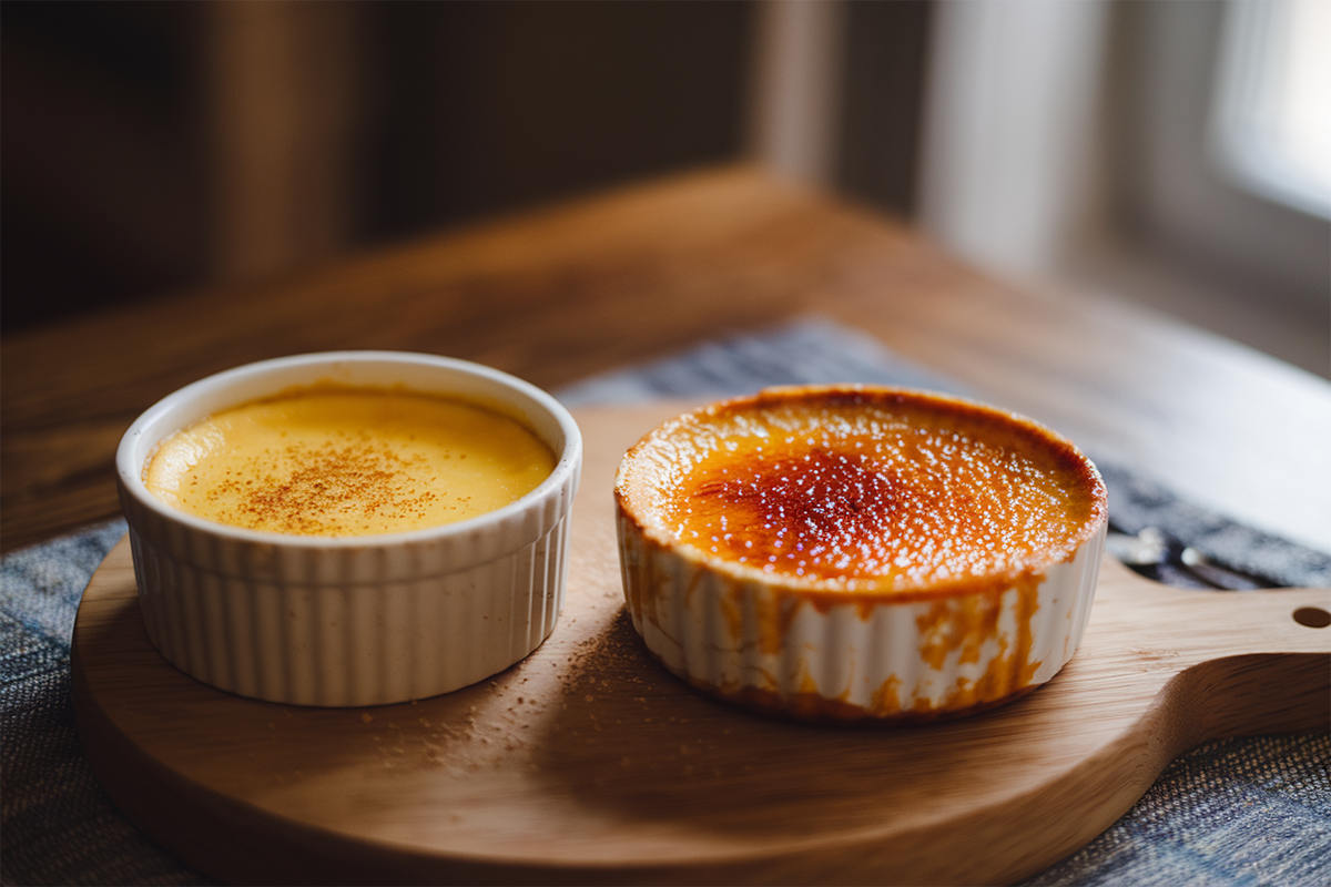 Close-up of baked custard and crème brûlée side by side