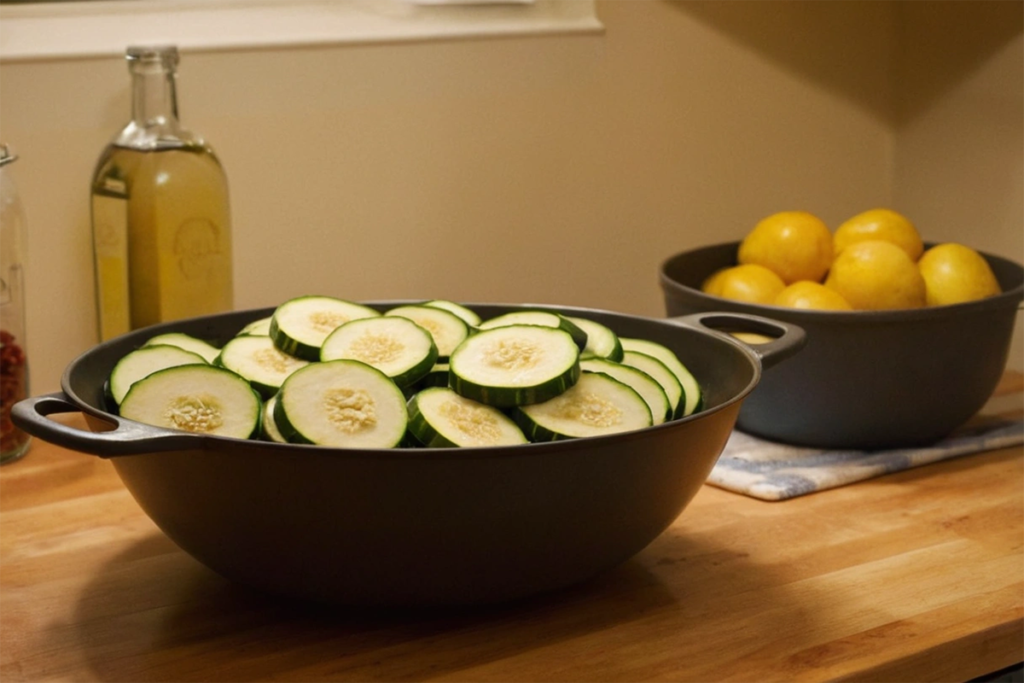 Zucchini slices being salted and drained in a colander