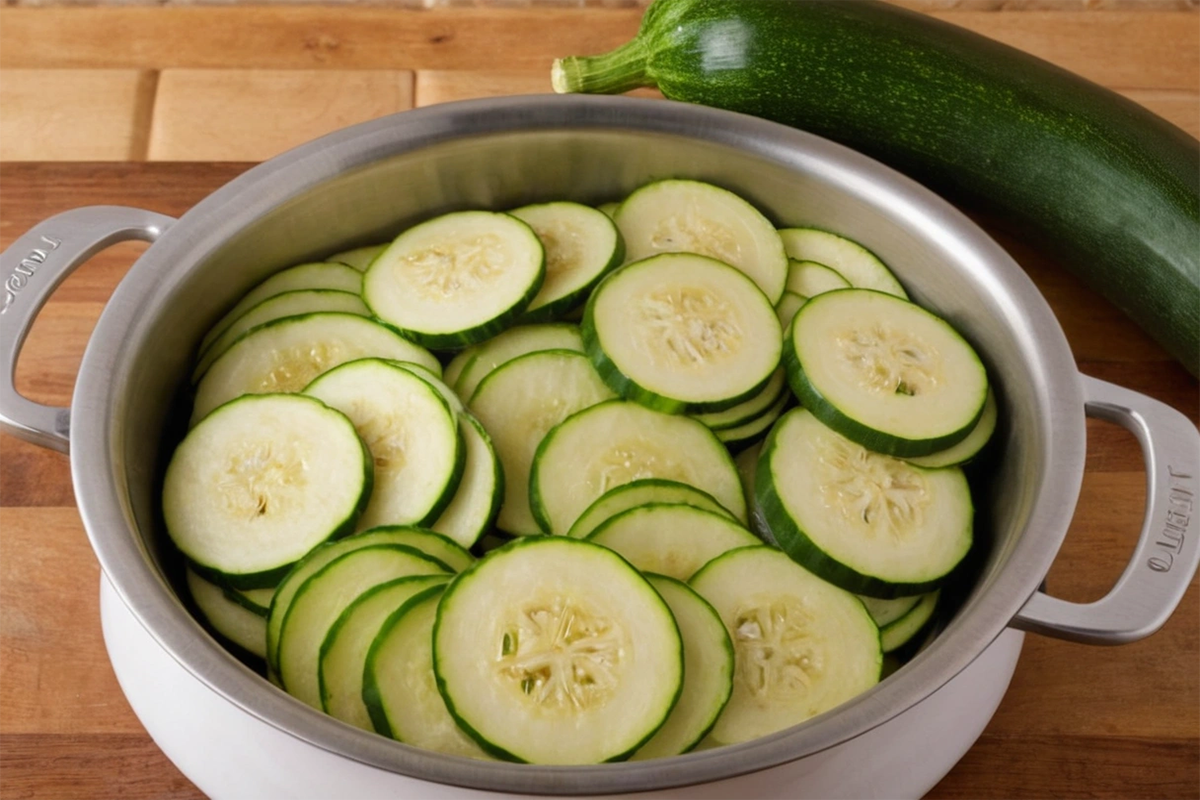 "Zucchini slices being salted and drained in a colander"