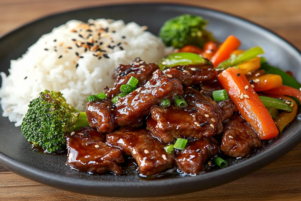 Plate of Mongolian beef served with steamed rice and stir-fried vegetables.