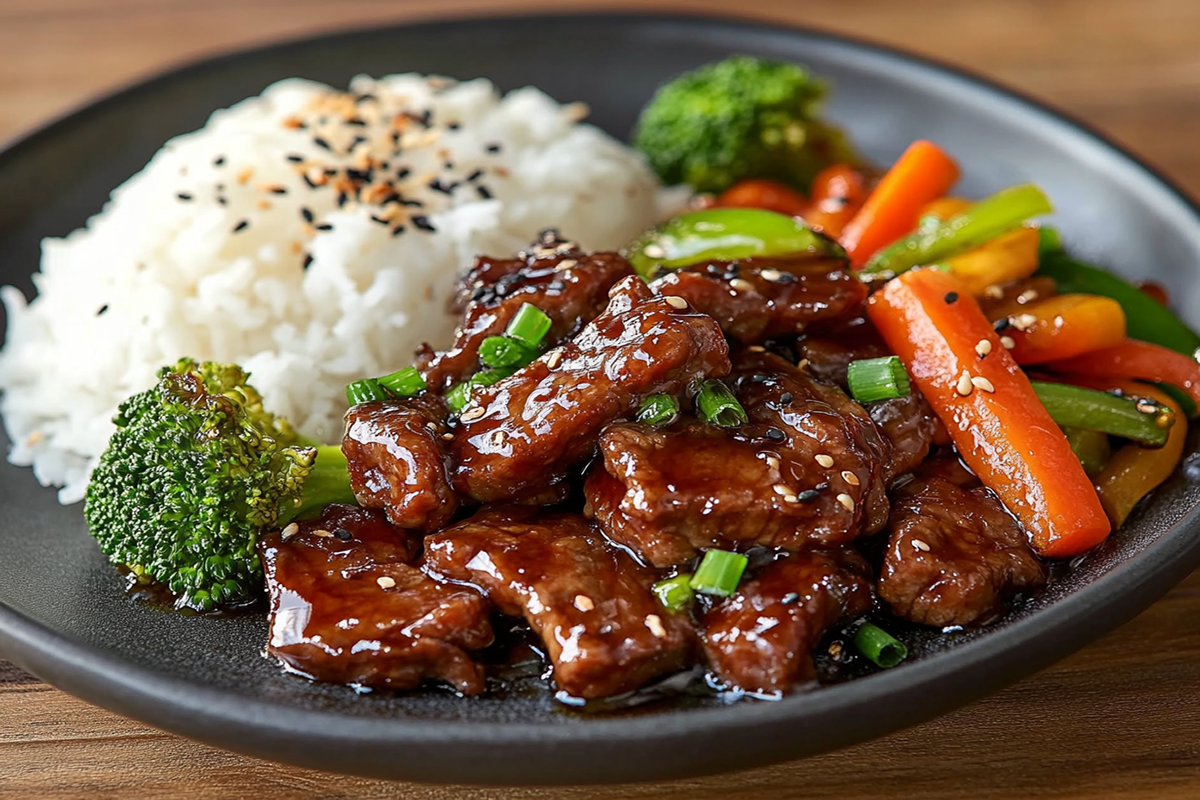 Plate of Mongolian beef served with steamed rice and stir-fried vegetables.