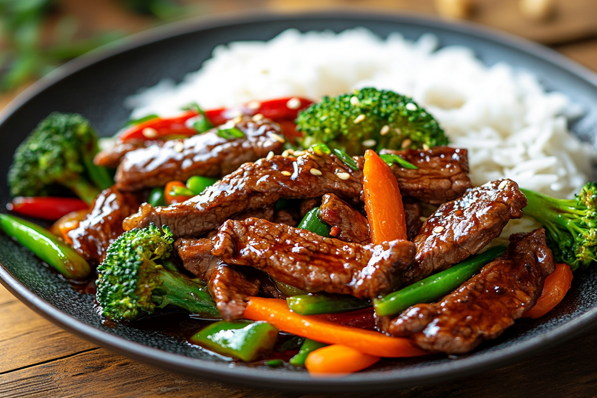 Plate of Mongolian beef served with steamed rice and stir-fried vegetables.