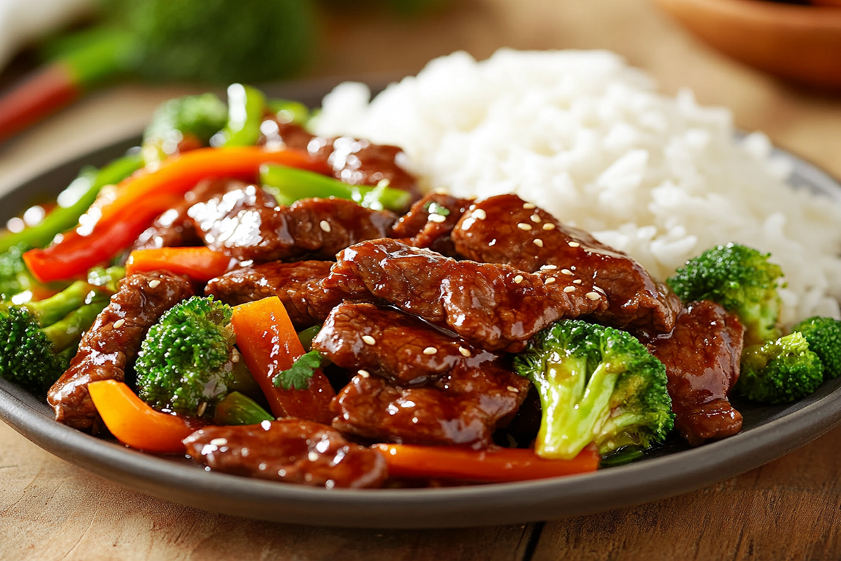 Plate of Mongolian beef served with steamed rice and stir-fried vegetables.