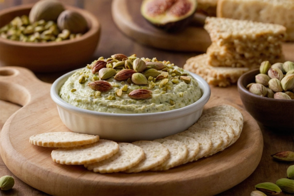 A bowl of creamy pistachio cheese with a spreader, surrounded by fresh pistachios and crackers.