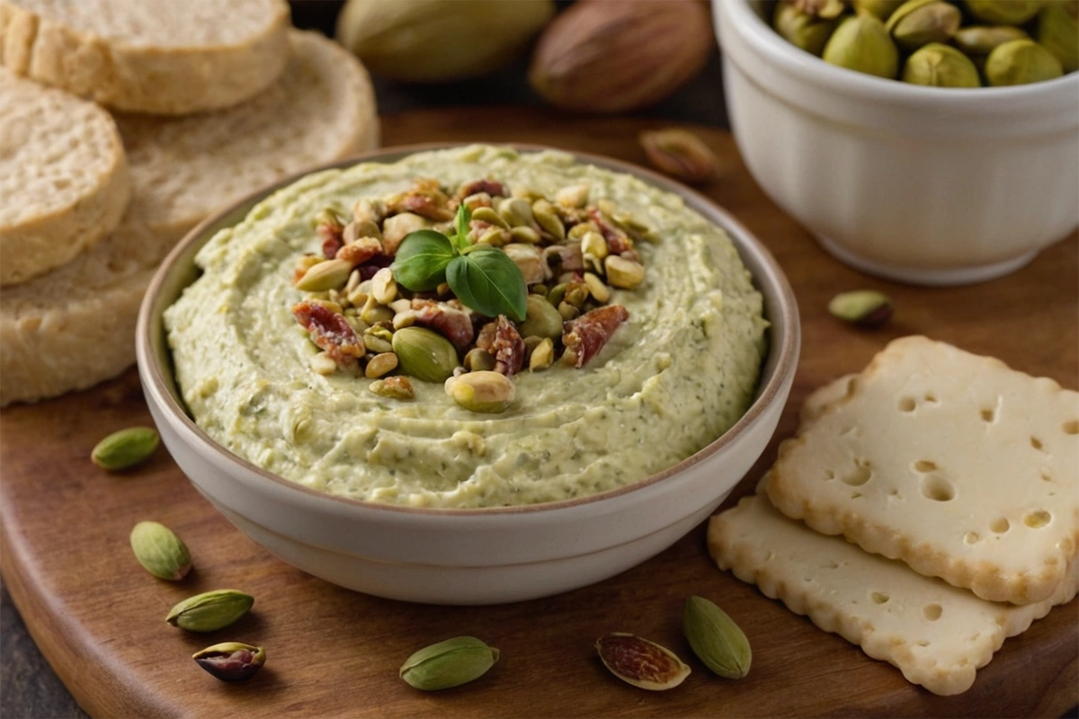 A bowl of creamy pistachio cheese with a spreader, surrounded by fresh pistachios and crackers.