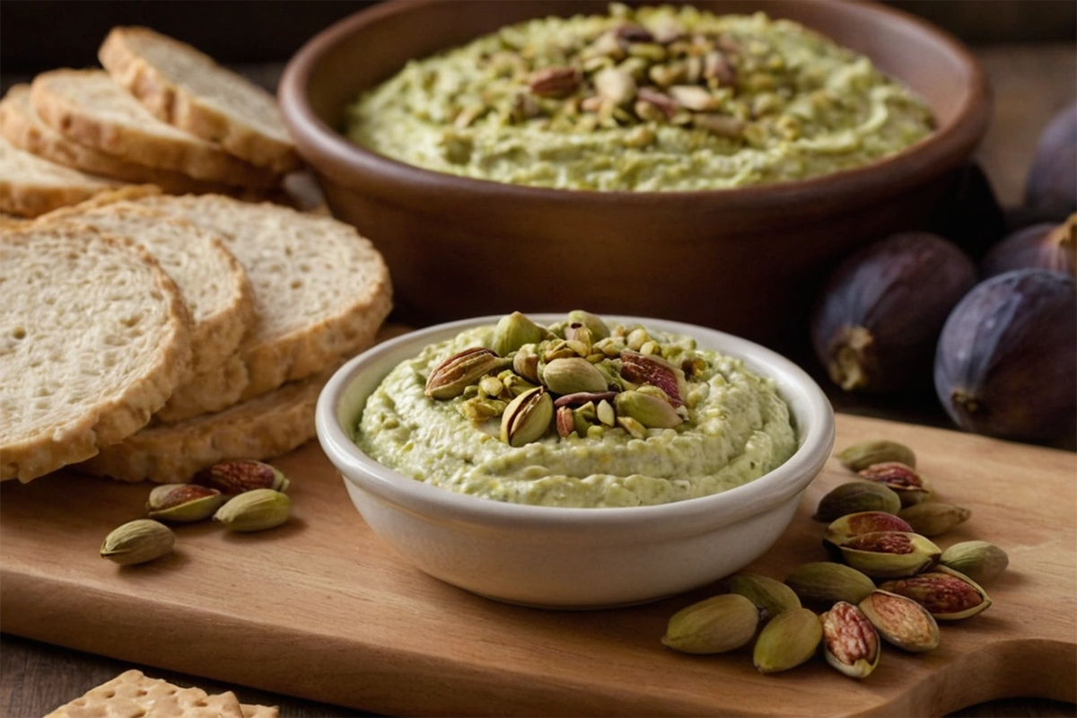 A bowl of creamy pistachio cheese with a spreader, surrounded by fresh pistachios and crackers.