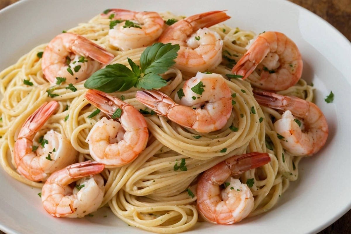 A plate of Shrimp Scampi inspired by Red Lobster, served with pasta and garlic butter sauce.