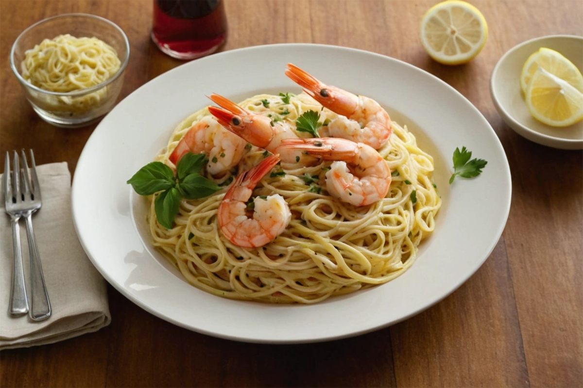 A plate of Shrimp Scampi inspired by Red Lobster, served with pasta and garlic butter sauce.