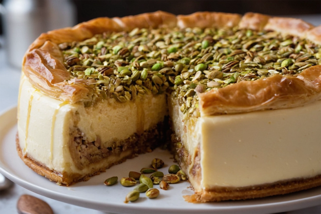 Baklava cheesecake with crispy phyllo layers and honey drizzle.