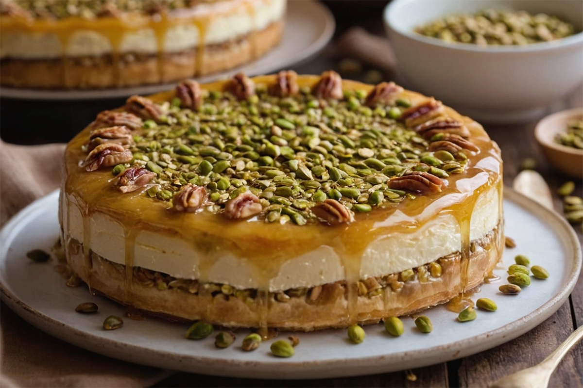 Baklava cheesecake with crispy phyllo layers and honey drizzle.