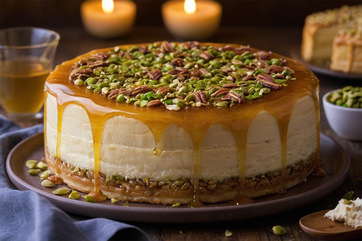 Baklava cheesecake with crispy phyllo layers and honey drizzle.