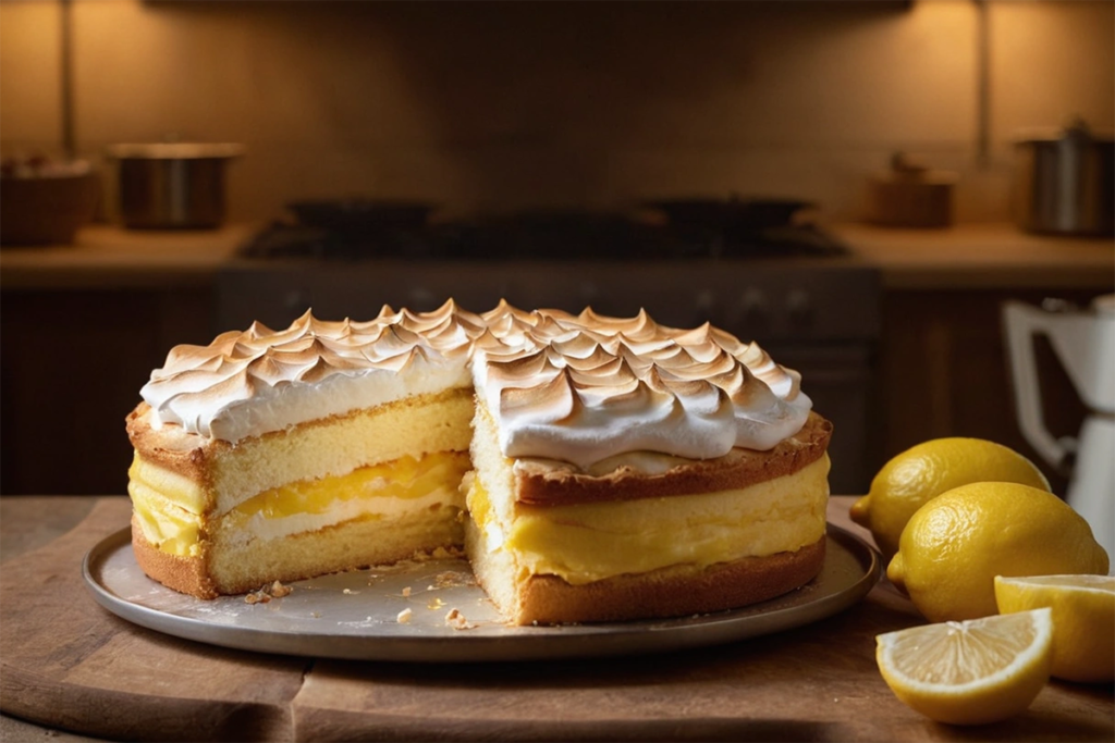 Lemon meringue cake with fluffy meringue topping and tangy lemon curd filling