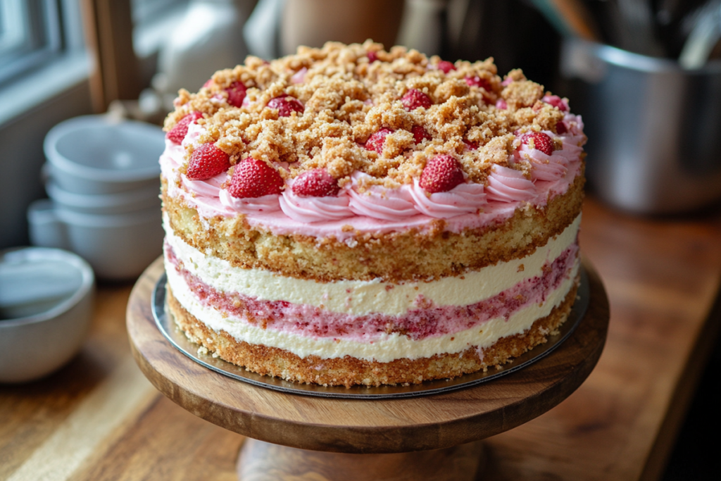 Strawberry Crunch Cake with layers of soft cake and crunchy topping