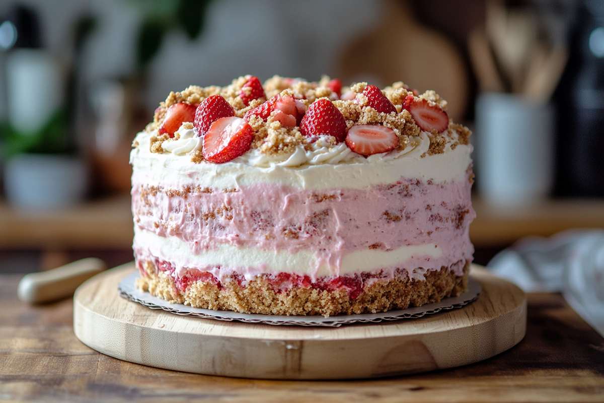 Strawberry Crunch Cake with layers of soft cake and crunchy topping