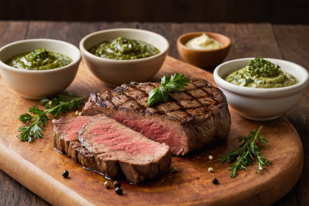 Steak with a side of peppercorn and chimichurri sauce