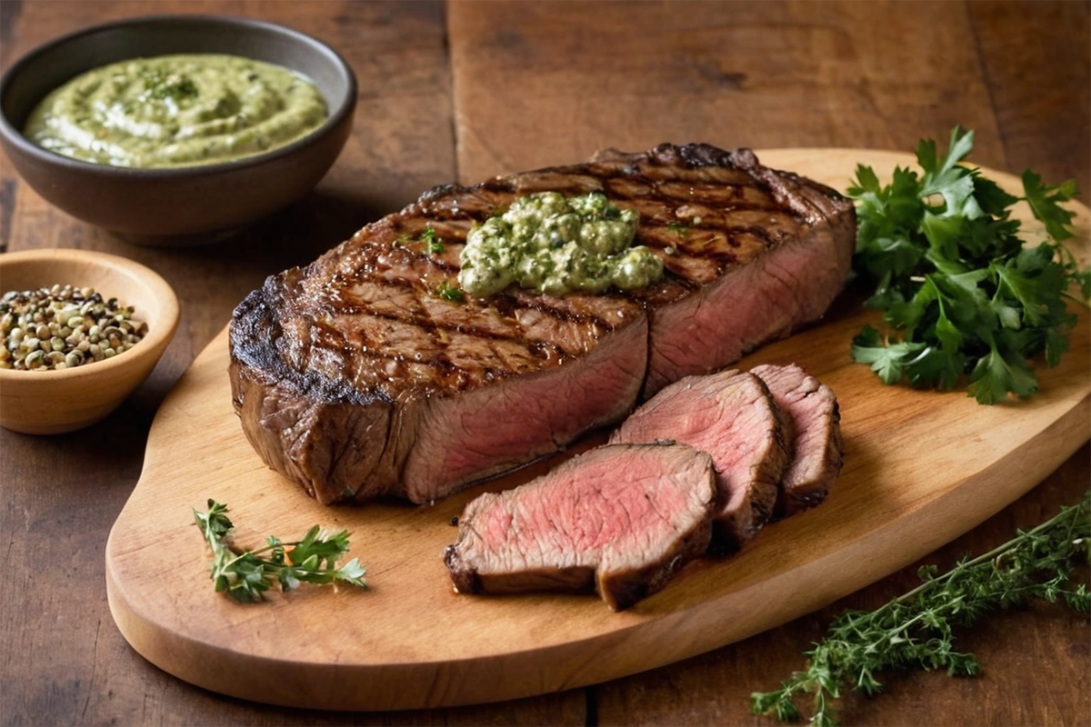 Steak with a side of peppercorn and chimichurri sauce