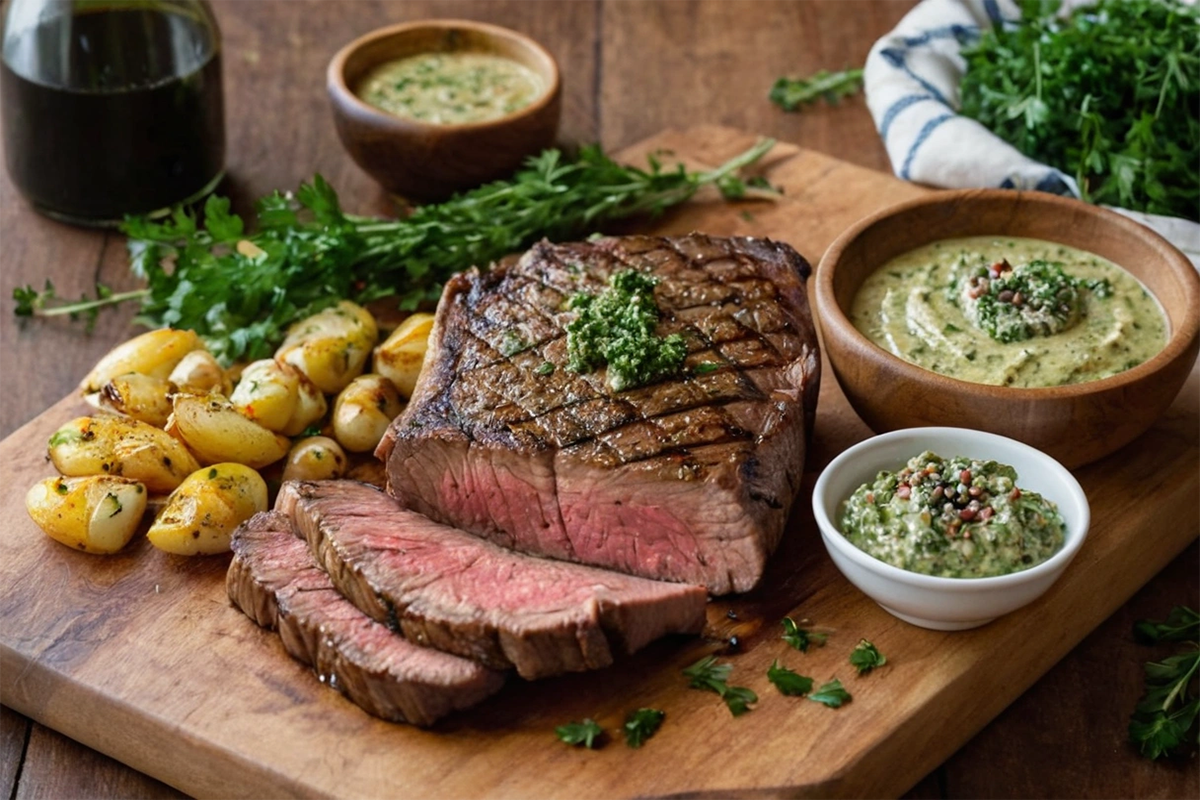 Steak with a side of peppercorn and chimichurri sauce