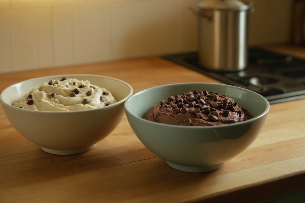 Cookie batter and cake batter in separate bowls, ready for baking