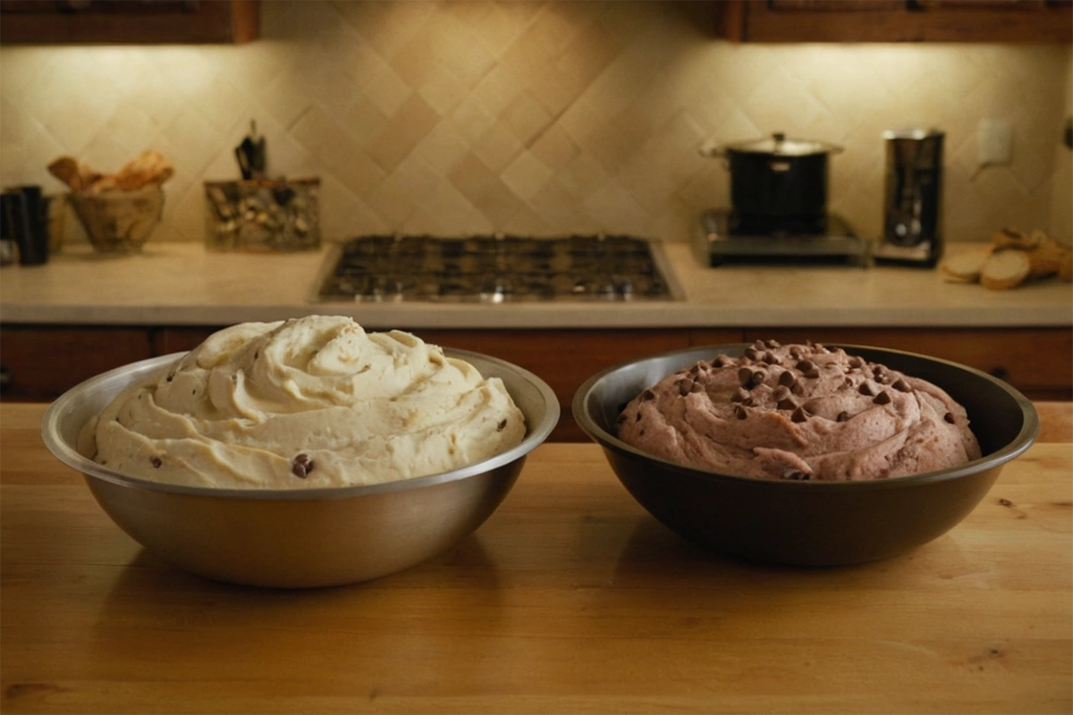 Cookie batter and cake batter in separate bowls, ready for baking