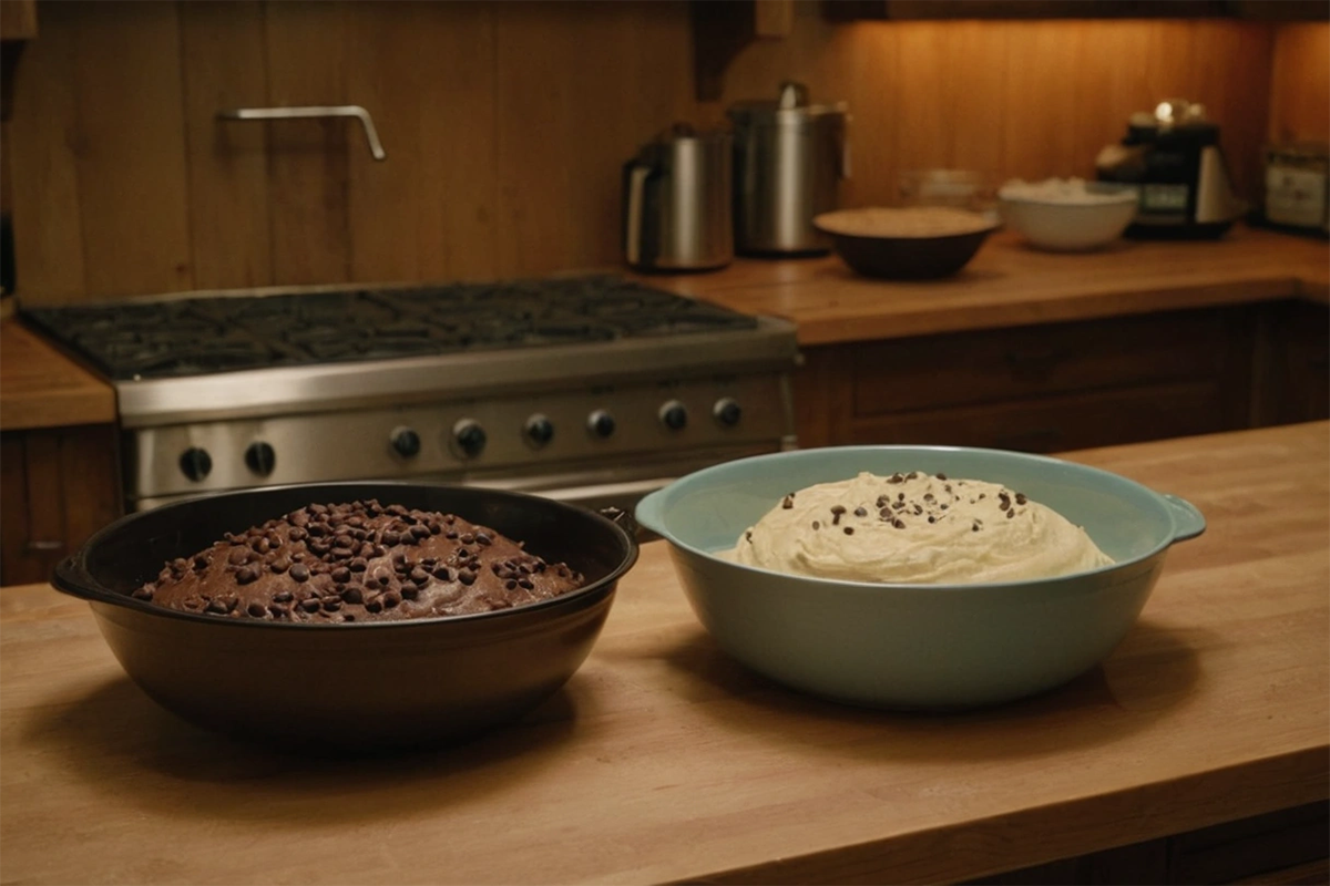 Cookie batter and cake batter in separate bowls, ready for baking