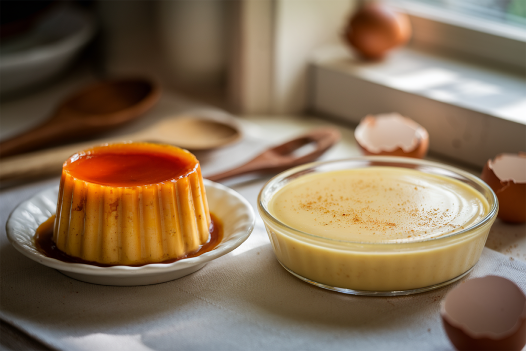 Flan and baked custard served on plates