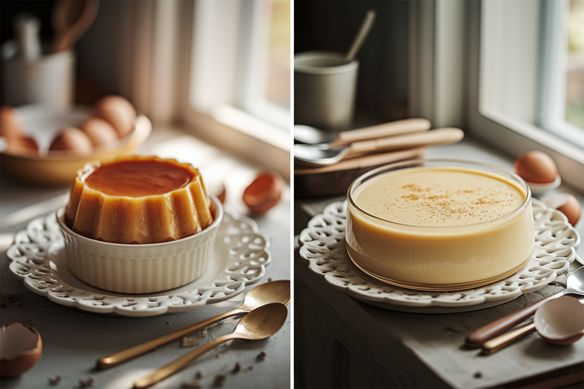 Flan and baked custard served on plates