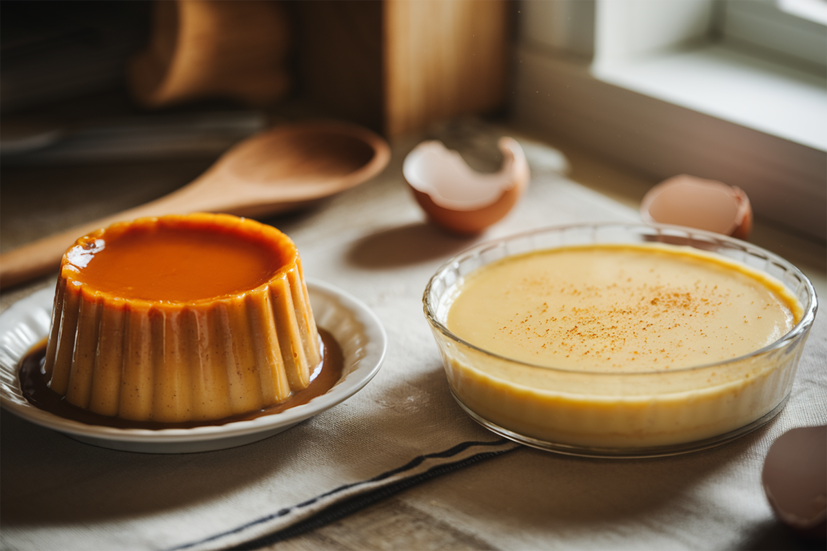 Flan and baked custard served on plates