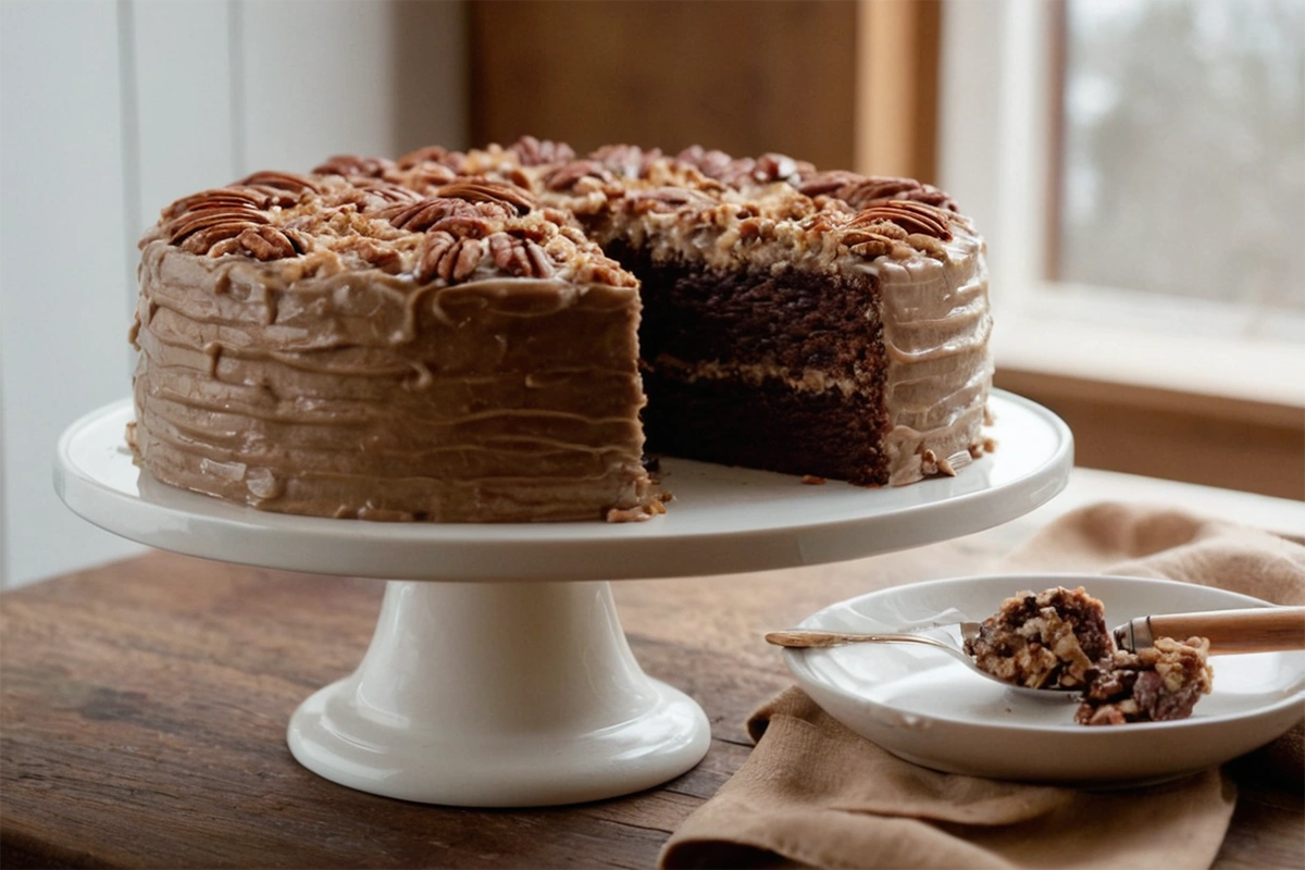 German Chocolate Cake with coconut pecan frosting