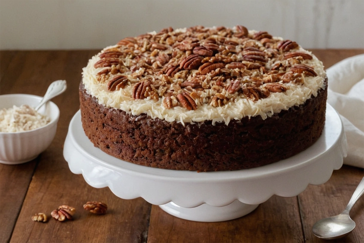 German Chocolate Cake with coconut pecan frosting