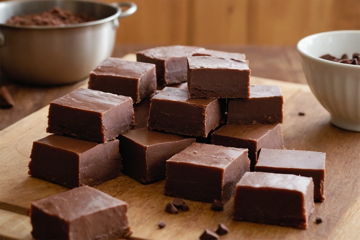 Close-up of creamy homemade fudge cut into squares