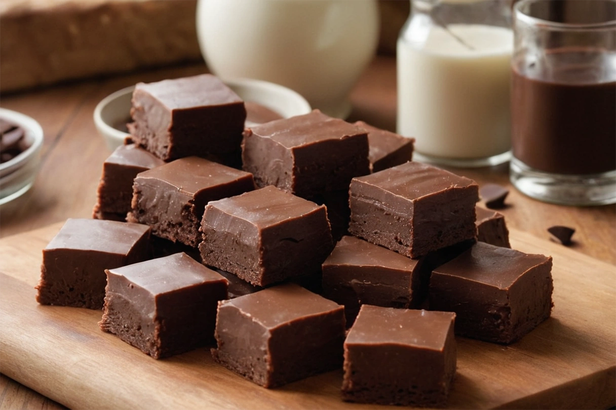 Close-up of creamy homemade fudge cut into squares